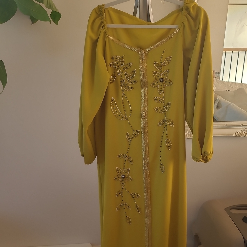 SHEIN Mustard Long Sleeve Embroidered Dress